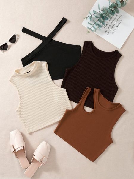 

4pcs solid ribbed crop o5ve#, White