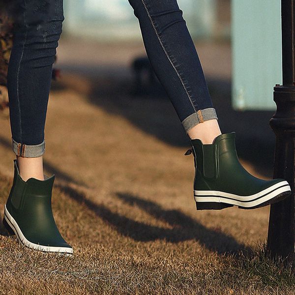 

rain women chunky ankle heels black fashionable blue dwaterproof rubber boots water women's shoes ladies'shoes 6wwj