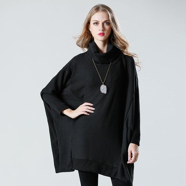 

2020autumn women loose fit batwing sleeves long sweater turtleneck pullover asymmetrical casual knitted blouse plus size325, White;black