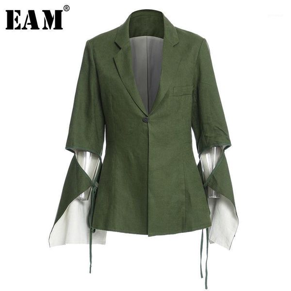 

eam] women green bandage irregular big size blazer new lapel long sleeve loose fit jacket fashion spring autumn 2020 1z1771, White;black