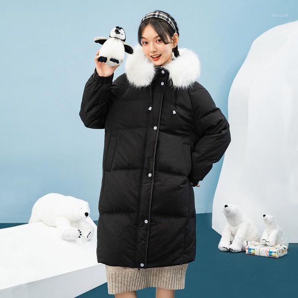 

inman 2020 winter new arrivals large collar white duck down 90% down knee length mid long resistant women's jacket1, Black
