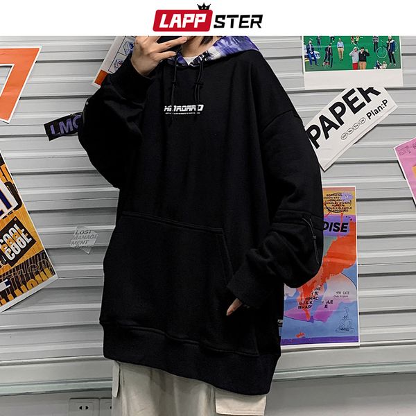 

lappster men patchwork tie dye harajuku hooded hoodies 2020 autumn streetwear hip hop hoodies male korean fashions sweatshirts c0127, Black