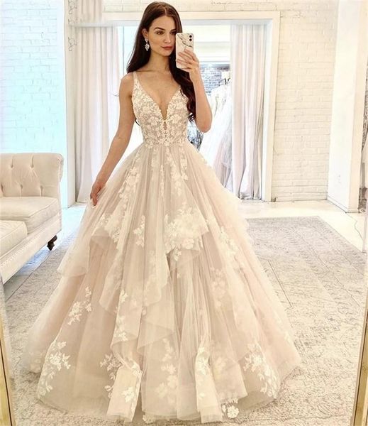 

vintage wedding dresses v-neck sleeveless sweep train tulle lace applique bridal gowns with zipper back vestido de noiva, White