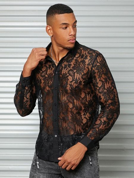 

men paisley sheer lace shirt s19x#, White;black