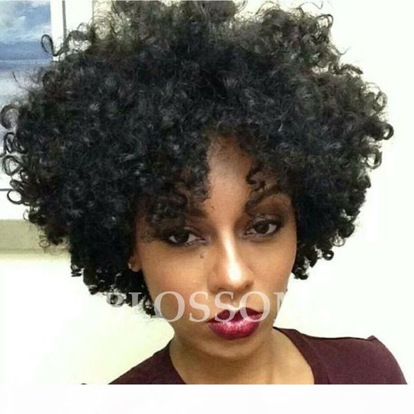 

none lace human hair wigs brazilian virgin human hair natural black color afro kinky curly wigs for black women, Black;brown