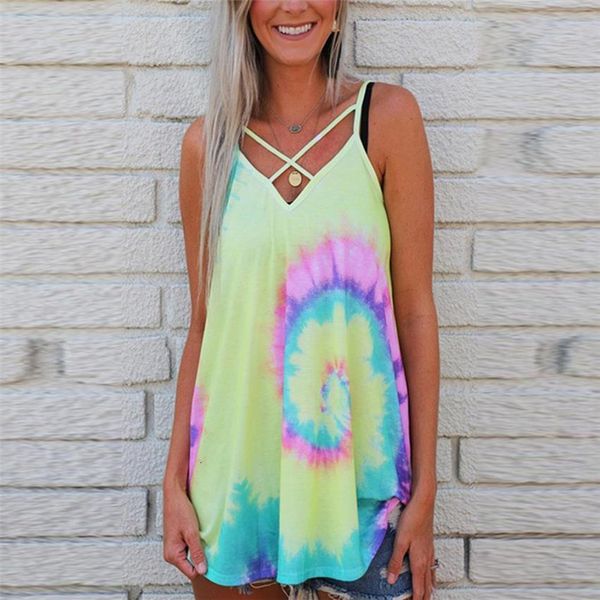 

tie dye tank hollow out tee shirts women v-neck casual sleeveless tees female tie-dye vest beach lady streetwea, White