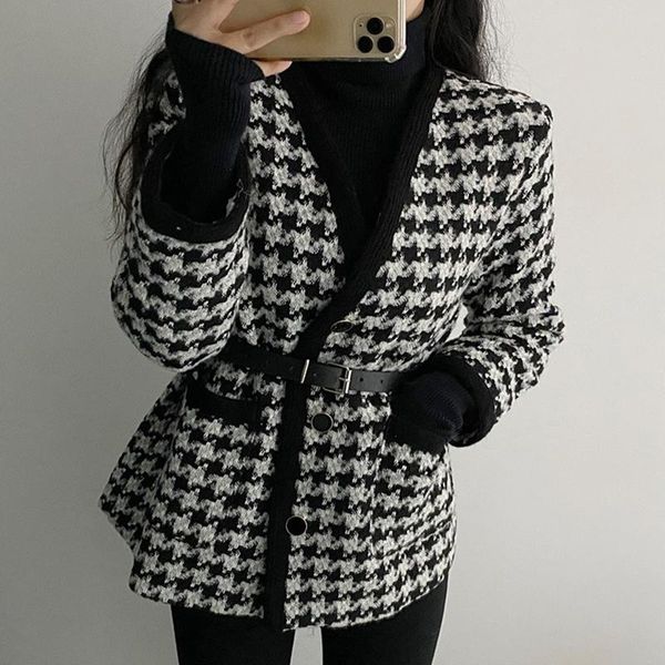 

zcsmll korean chic viintage classic fashion v-neck contrast single breasted cardigan coat with belt for women 2020 autumn winter, Black