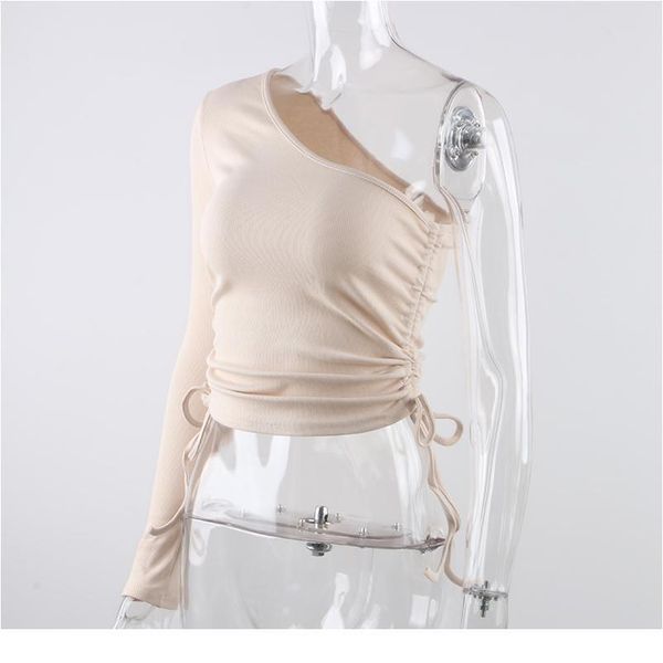 

cybill ribber knitted one shoulder women casual long sleeve t shirt skinny autumn double drawstring slim tee lady sqccmu, White