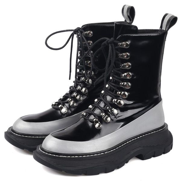 

autumn patent leather short boots genuine leather mixed color metal decoration thick-soled trifle bottom lace-up knight boots, Black