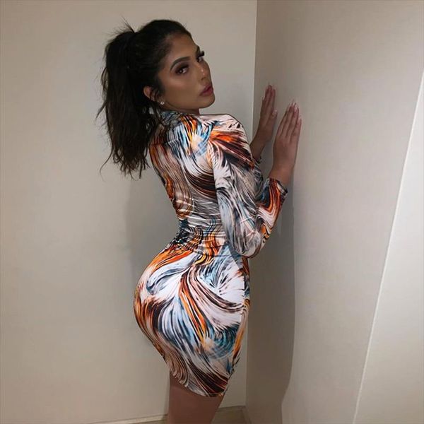 

fashion printed bodycon women mini dress party skinny clubwear long sleeve 2020 spring dresses basic slim female, Black;gray