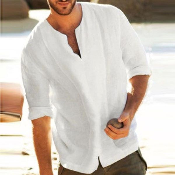 

men's cotton white linen shirt 2020 summer solid men's baggy shirts hawaiian shirts blouses camisas para hombre, White;black