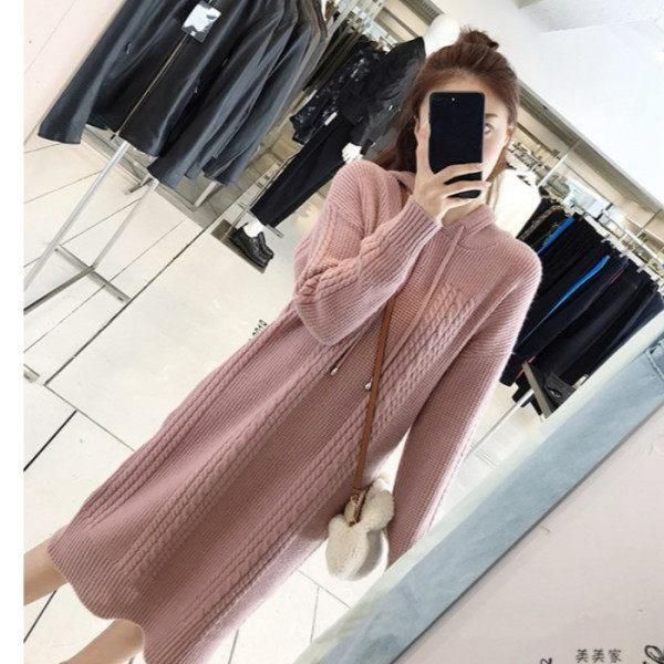 

hooded sweater dress women's 2021 autumn and winter new thickened knee-length loose mid-length straight base knitted dress1, Black;gray