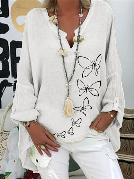 

large size loose cotton women blouses 2020 autumn blouses casual v neck long sleeve printed women shirt, White