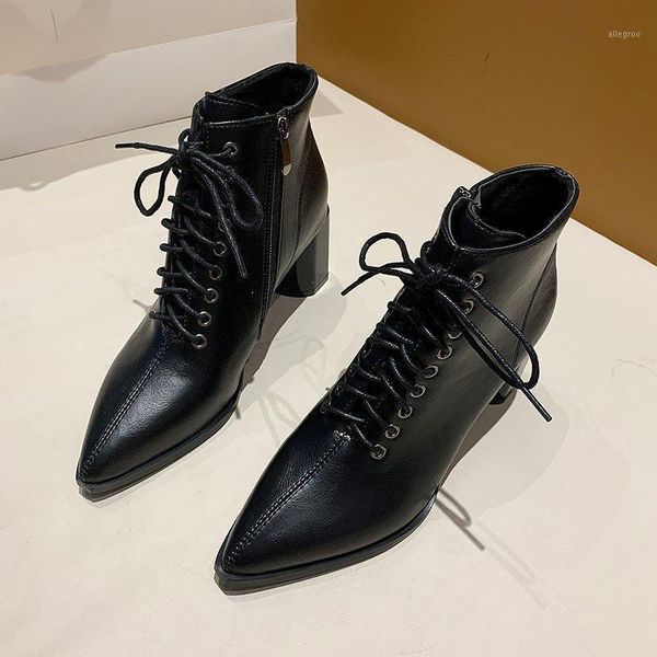 

women boots thick sole high heel boots female 2020 new autumn pointed toe lace up thick heel short high shoes1, Black