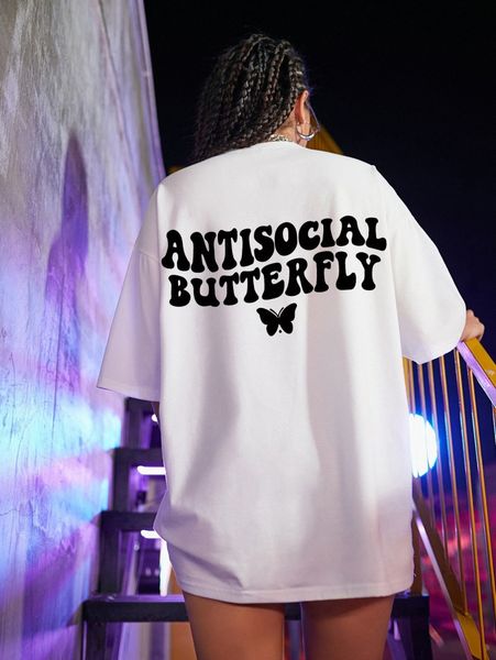 

butterfly & letter graphic drop shoulder oversized tee l2lc#, White