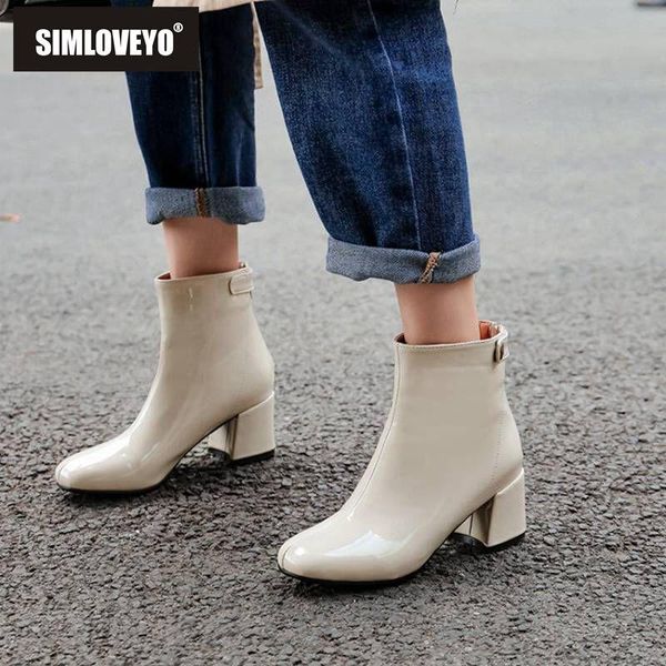 

boots simloveyo ankle for women round toe block heel zipper patent leather solid booties mujer size 46 winter autumn shoes b1546, Black