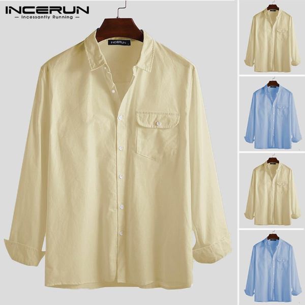 

incerun fashion men brand shirt long sleeve solid color lapel neck button cotton streetwear casual shirt men 2020 plus size, White;black