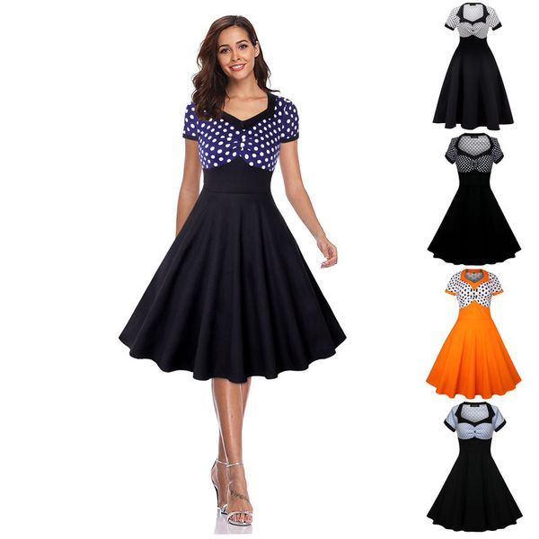 

spring summer temperament women's square collar short sleeve hepburn style swing dress, Black;gray