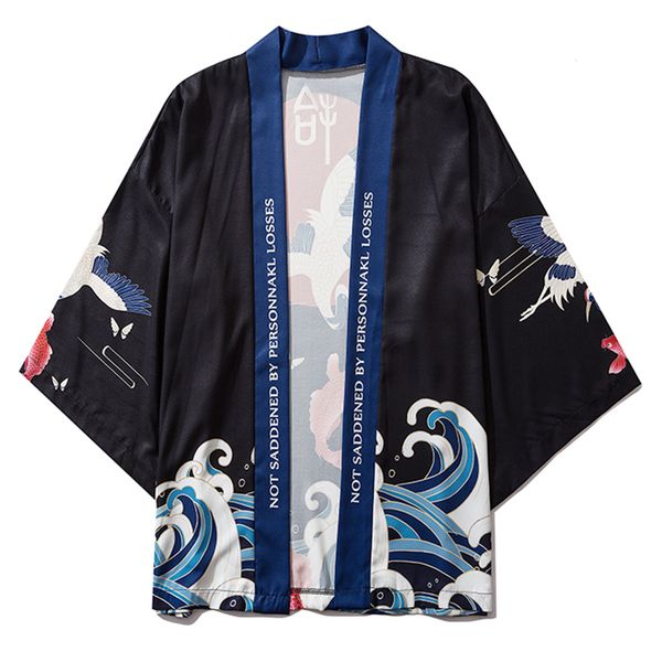 

2021 new aelfric eden hip hop crane japanese kimono jackets men carp print summer harajuku streetwear front open coat hawaiian shirt yaqf, Black;brown