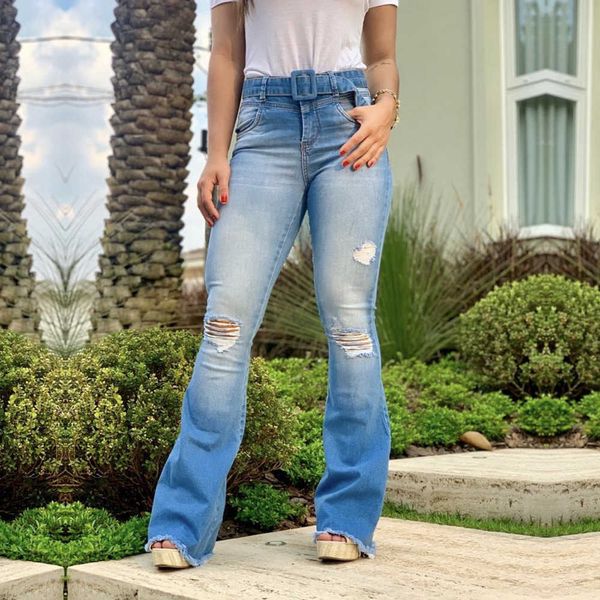 

high waist straight jeans with holes, Blue