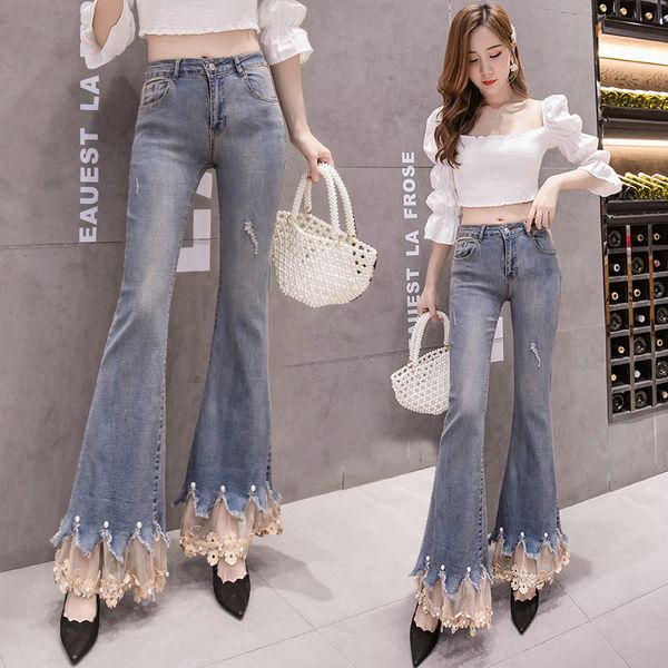 

fashion flare jeans women summer autumn flower embroidery lace long pants pearls ripped flare pants elastic high waist mom jeans y1214, Blue