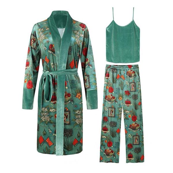 

3pcs fashion autumn new oil painting printing velvet women pajama sets winter vintage fashion robe sets elegant female nightwear, Black;red