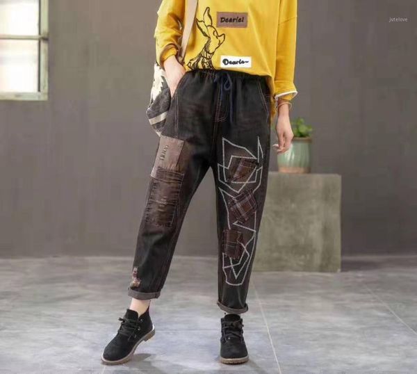 

autumn spring jeans women retro patchwork embroidery ripped washed high elastic waist drawstring female denim harem pants tide1, Blue