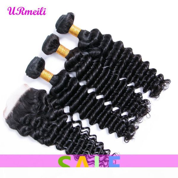 

peruvian deep wave 3bundles with closure peruvian unprocessed human hair bundles with lace closure deep wave human hair bundles with closure, Black;brown