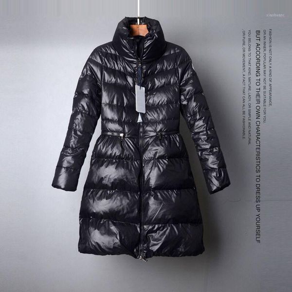 

women's mid-length down jacket 2019 winter new stand-up collar collar waist slim european brand down jacket over the knee1, Black