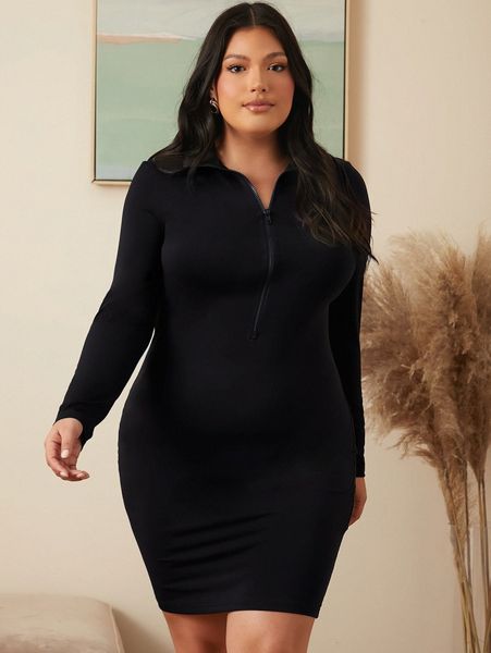 

plus zipper placket bodycon dress e22q#, Black