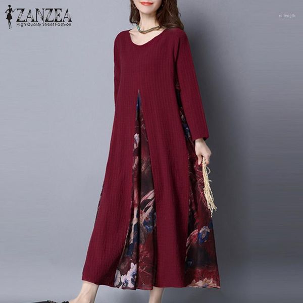 

2020 zanzea women spring vintage floral print long dress patchwork long sleeve vestido cotton linen maxi sundress tunic1, Black;gray