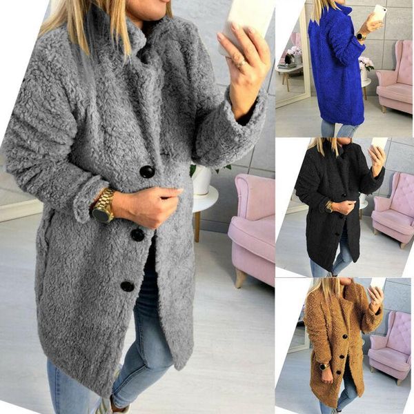 

fashion women jacket warm teddy bear fleece jackets ladies autumn winter button long sleeve coats warm thick oversize coat1, Black