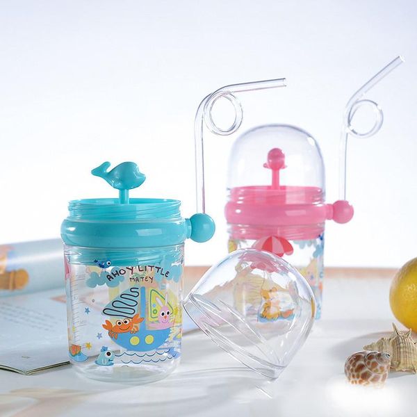 

250ml plastic water bottle children cup infant learn feeding straw drinking milk bottle little whale sprays water wmtqwo