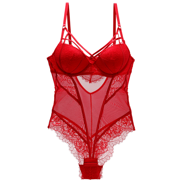 

Bodysuit Women Push Up Red Strappy Cup Eyelash Lace Floral Pattern Padded Underwire Lingerie Women Shapewear High Quality