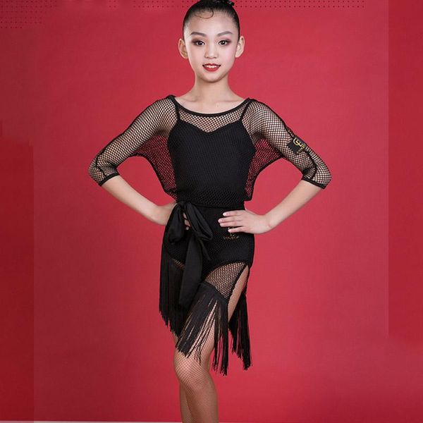 

black mesh fringed press bodysuit наборы латинского танца костюм девушки детская практика одежда для детей бальные самба носить dwy2857, Black;red