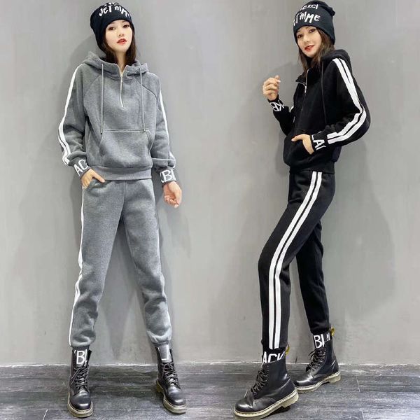

plush thickened hooded sweater sports women autumn winter 2020 new fashion, foreign style and leisure two piece suit fashion, Gray