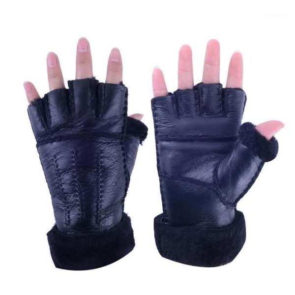 

women sheepskin half finger glove1, Blue;gray