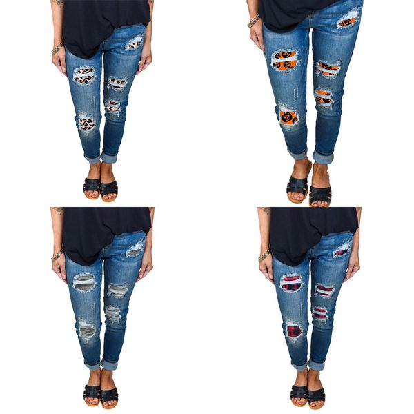 

eh·md® hole ripped jeans women seasonal slim fit lining print halloween pumpkin decoration stretch high waist cotton large size y1214, Blue