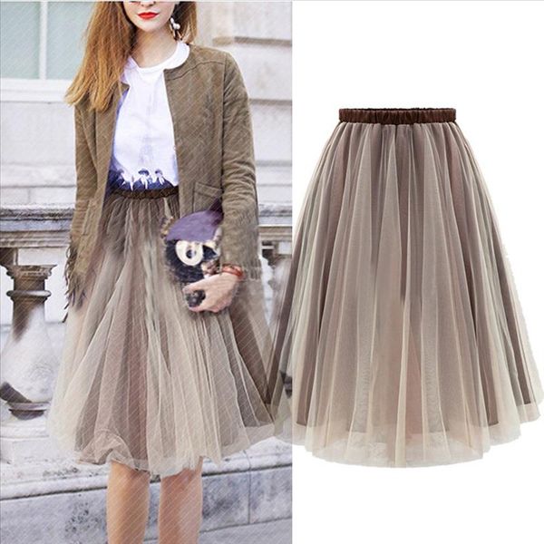 

38 women summer beach party pleated skirts fashion casual hight waist elastic layered tulle a line tutu skirts tulle skirt, Black