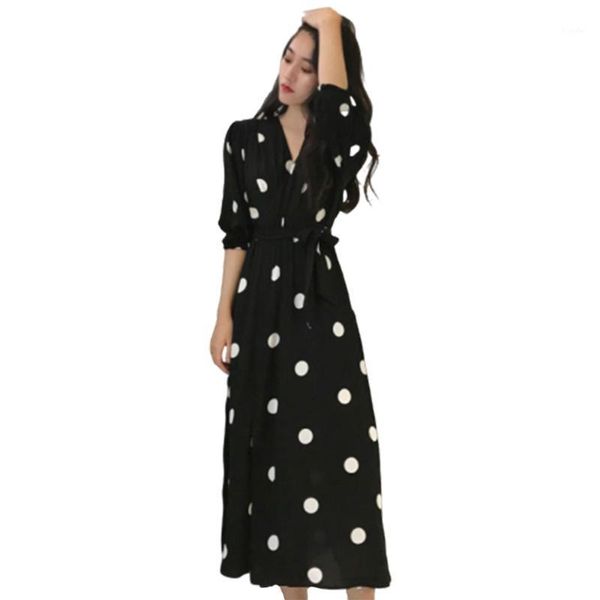 

new korean vintage summer dress women polka dot v neck bandage office party dresses casual black beach sundress vestidos1, White;black