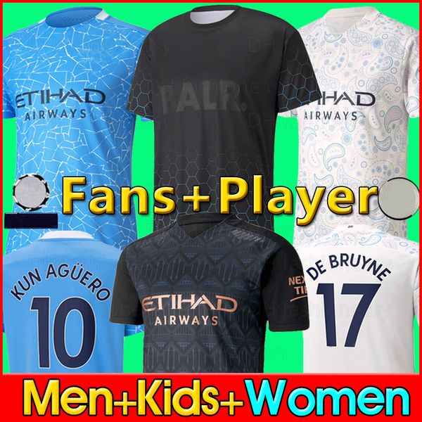 

fans player version 2020 2021 manchester soccer jersey city 20 21 sterling de bruyne kun aguero football shirts women men kids kit fourth, Black;yellow