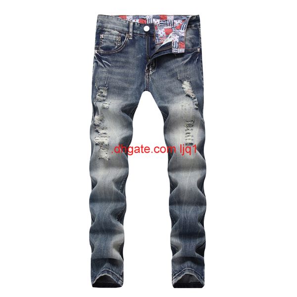 

new men's straight jeans with holes reminiscent of light large denim pants, Blue