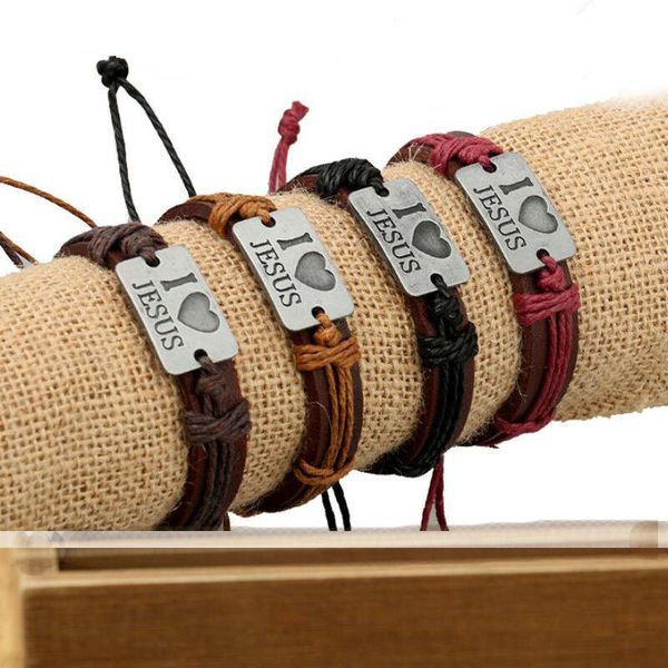 

popular antique leather bracelet i love jesus alloy handmade jewelry dmfb253 mix order 20 pieces a lot, Black