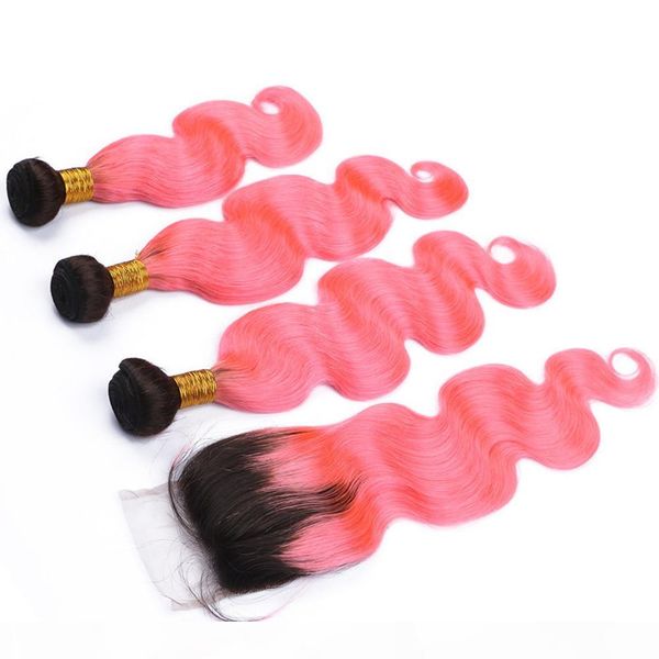 

#1b pink dark root ombre brazilian human hair weaves with closure body wave ombre pink virgin hair wefts 3bundles with 4x4 lace closure, Black;brown