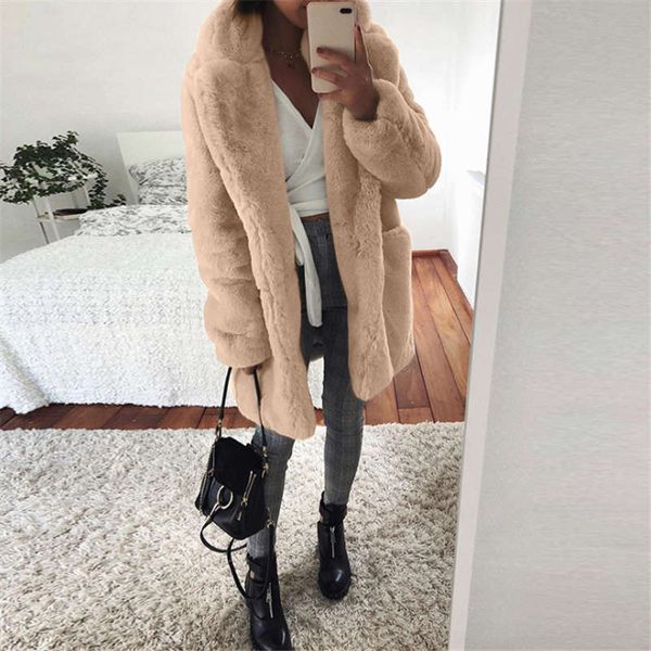 

european and american winter ladies' pure color fashion casual rabbit fur warm coat with lapel medium length thicken fur coat size s-3x, Black