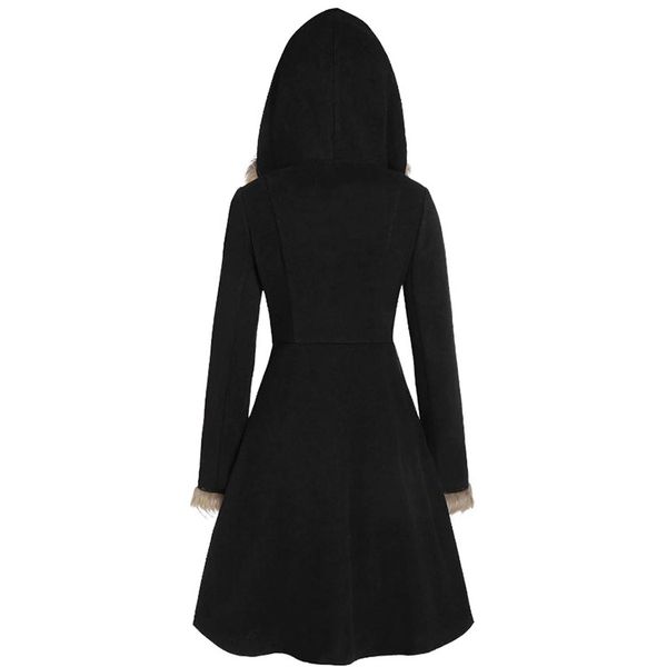 

popular european and american womens clothing fur hat cuff long sleeve alloy leather ring slim fit double-faced woolen goods mid-length coat, Black
