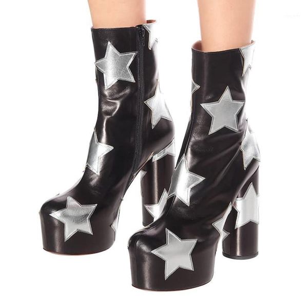 

stars women platform boots high heel ankle boots autumn winter zipper shoes new platform female shoes ladies party dress botas1, Black