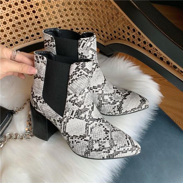 

Boots Women New 2020 Autumn Shoes Luxury Designer Winter Footwear Round Toe Snake Print Mid Calf Rubber Fashion Pointy, Black
