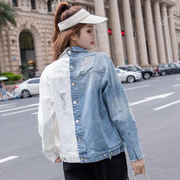 

new jeans jacket women 2020 spring long sleeve hole denim jacket fashion patchwork jeans coat female loose basic coat tide g3311, Black;brown