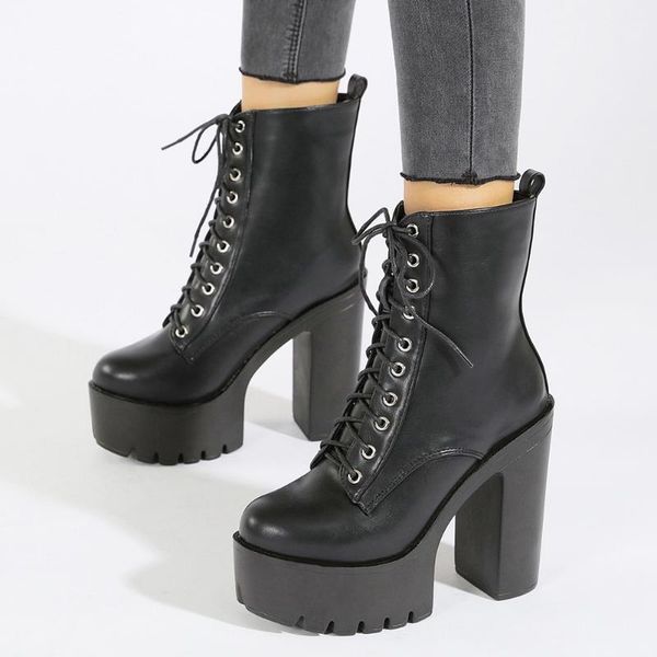 

ribetrini brand design high heels platform chic winter boots boots women shoelace cool motorcycles ankle boot female1, Black